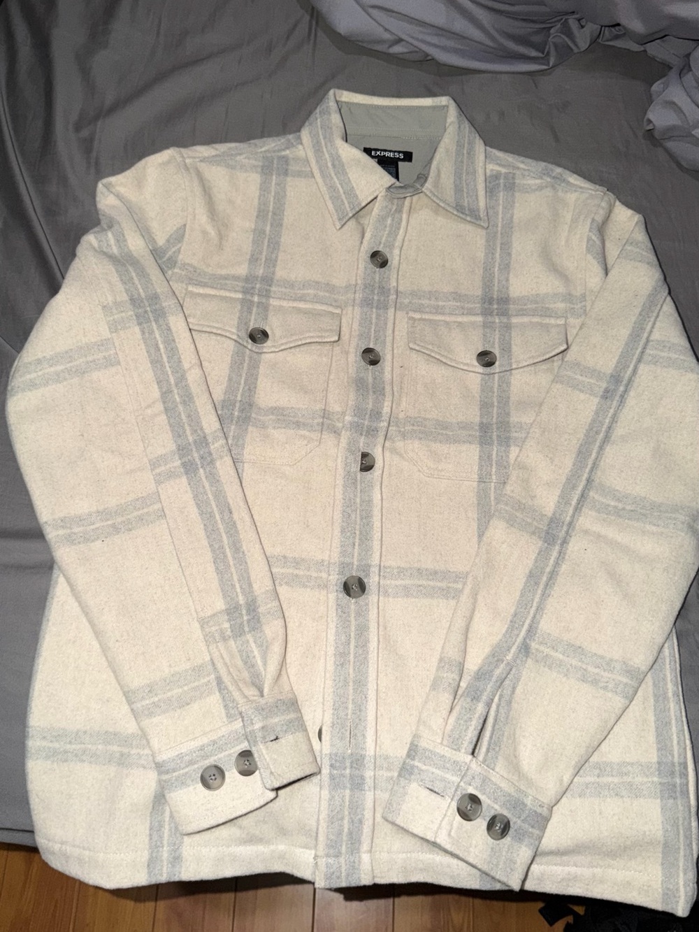 Express Men's Cream Plaid Button-Up Shacket, Wool-Blend Plaid Shirt Jacket